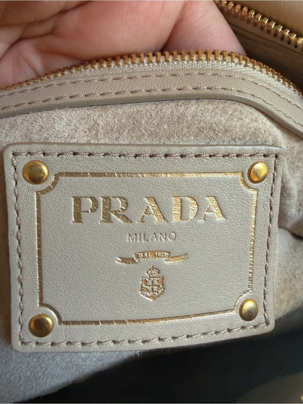 Prada Soft Calfskin Shopping Satchel in Sabbia with gold-tone hardware